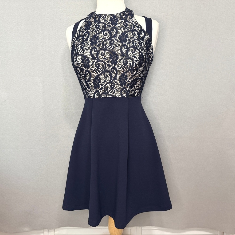 Teeze Me Lace Halter Fit Flare Mini Dress Womens Size 1/2 Navy Party Going Out
